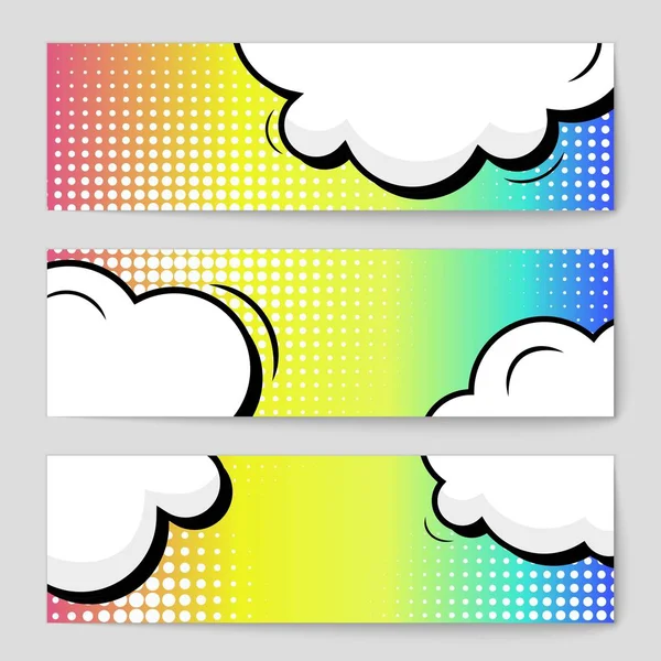 Abstrato conceito criativo vetor quadrinhos estilo pop arte em branco, modelo de layout com feixes de nuvens e pontos isolados de fundo. Para banner de venda, conjunto de bolhas de fala vazia, ilustração design de livro de meio tom . — Vetor de Stock