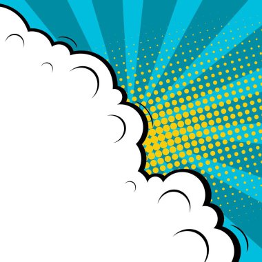 Yaratıcı soyut kavram vektör komik pop sanat tarzı boş, düzeni şablonu bulutlar kiriş ve izole noktalar arka plan ile. Satışı büyük başlığı, boş konuşma balonu ayarı, illüstrasyon noktalı resim kitap tasarımı için.