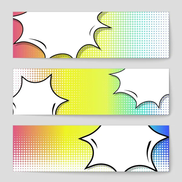 Abstracte creatief concept vector komische pop-art stijl leeg, lay-out sjabloon met wolken balken en geïsoleerde stippen achtergrond. Voor verkoop banner, lege toespraak bubble set, illustratie halftone boekontwerpen. — Stockvector