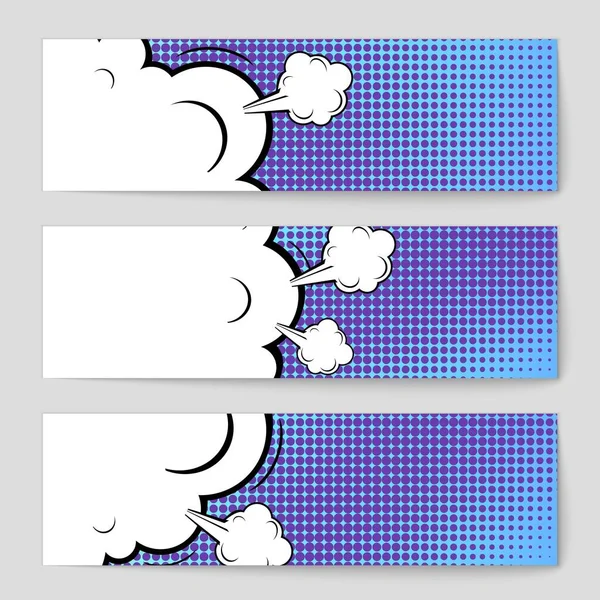 Abstract creative concept vector comic pop art style blank, layout template with clouds beams and isolated dots background. For sale banner, empty speech bubble set, illustration halftone book design. — Stock Vector