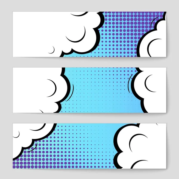 Abstrato conceito criativo vetor quadrinhos estilo pop arte em branco, modelo de layout com feixes de nuvens e pontos isolados de fundo. Para banner de venda, conjunto de bolhas de fala vazia, ilustração design de livro de meio tom . — Vetor de Stock