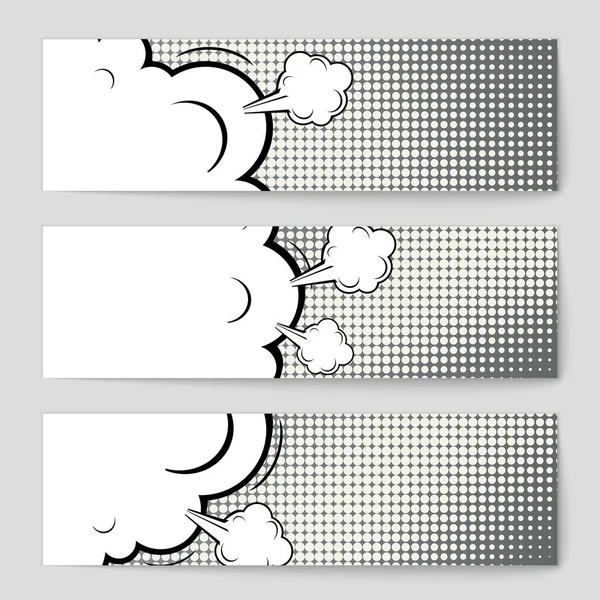 Abstract creative concept vector comic pop art style blank, layout template with clouds beams and isolated dots background. For sale banner, empty speech bubble set, illustration halftone book design. — Stock Vector