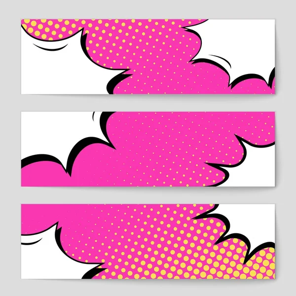 Abstract creative concept vector comic pop art style blank, layout template with clouds beams and isolated dots background. For sale banner, empty speech bubble set, illustration halftone book design. — Stock Vector