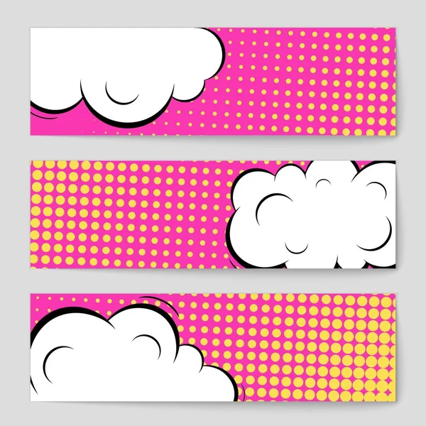 Abstract creative concept vector comic pop art style blank, layout template with clouds beams and isolated dots background. For sale banner, empty speech bubble set, illustration halftone book design. — Stock Vector