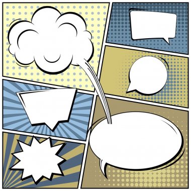 Yaratıcı soyut kavram vektör komik pop sanat tarzı boş, düzeni şablonu bulutlar kiriş ve izole noktalar arka plan ile. Satışı büyük başlığı, boş konuşma balonu ayarı, illüstrasyon noktalı resim kitap tasarımı için.