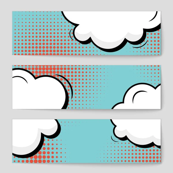 Abstrato conceito criativo vetor quadrinhos estilo pop arte em branco, modelo de layout com feixes de nuvens e pontos isolados de fundo. Para banner de venda, conjunto de bolhas de fala vazia, ilustração design de livro de meio tom . — Vetor de Stock