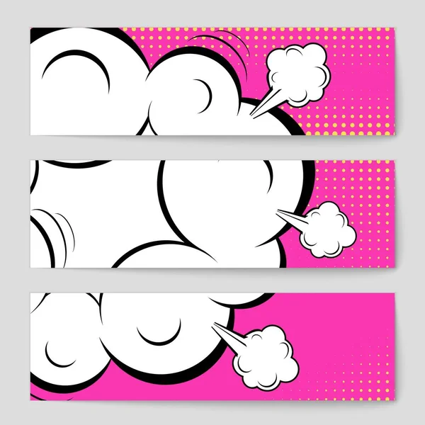 Abstract creative concept vector comic pop art style blank, layout template with clouds beams and isolated dots background. For sale banner, empty speech bubble set, illustration halftone book design. — Stock Vector