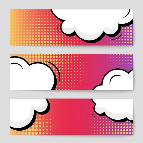 Abstrato conceito criativo vetor quadrinhos estilo pop arte em branco, modelo de layout com feixes de nuvens e pontos isolados de fundo. Para banner de venda, conjunto de bolhas de fala vazia, ilustração design de livro de meio tom . — Vetor de Stock