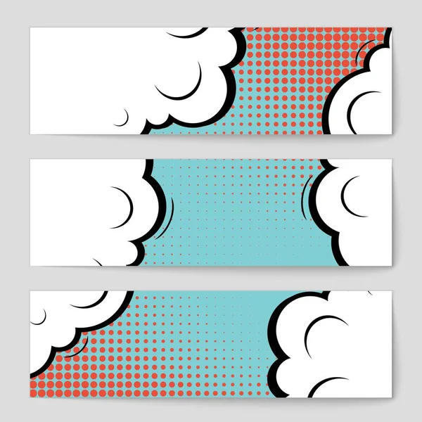 Abstract creative concept vector comic pop art style blank, layout template with clouds beams and isolated dots background. For sale banner, empty speech bubble set, illustration halftone book design. — Stock Vector