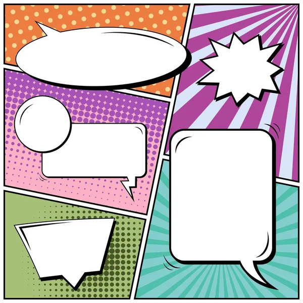 Abstract creative concept vector comic pop art style blank, layout template with clouds beams and isolated dots background. For sale banner, empty speech bubble set, illustration halftone book design. — Stock Vector