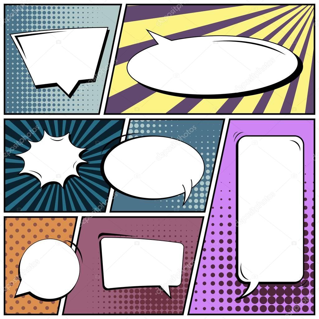 Abstract creative concept vector comic pop art style blank, layout template with clouds beams and isolated dots background. For sale banner, empty speech bubble set, illustration halftone book design.
