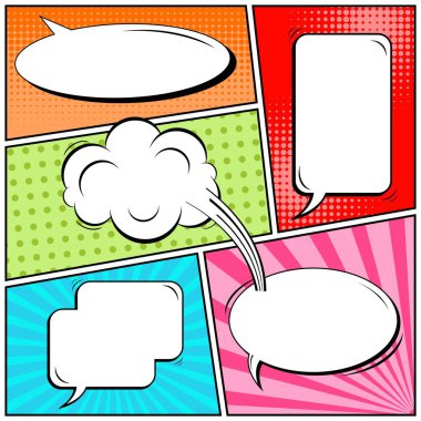 Yaratıcı soyut kavram vektör komik pop sanat tarzı boş, düzeni şablonu bulutlar kiriş ve izole noktalar arka plan ile. Satışı büyük başlığı, boş konuşma balonu ayarı, illüstrasyon noktalı resim kitap tasarımı için.