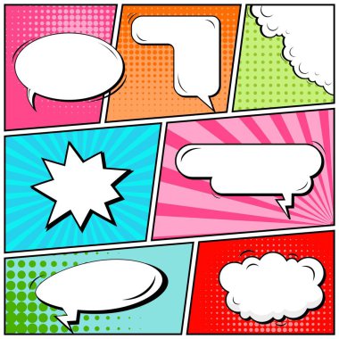 Yaratıcı soyut kavram vektör komik pop sanat tarzı boş, düzeni şablonu bulutlar kiriş ve izole noktalar arka plan ile. Satışı büyük başlığı, boş konuşma balonu ayarı, illüstrasyon noktalı resim kitap tasarımı için.
