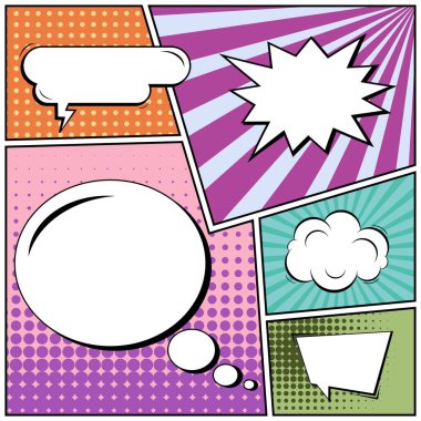 Yaratıcı soyut kavram vektör komik pop sanat tarzı boş, düzeni şablonu bulutlar kiriş ve izole noktalar arka plan ile. Satışı büyük başlığı, boş konuşma balonu ayarı, illüstrasyon noktalı resim kitap tasarımı için.