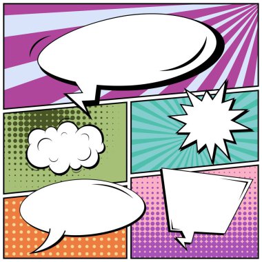 Yaratıcı soyut kavram vektör komik pop sanat tarzı boş, düzeni şablonu bulutlar kiriş ve izole noktalar arka plan ile. Satışı büyük başlığı, boş konuşma balonu ayarı, illüstrasyon noktalı resim kitap tasarımı için.