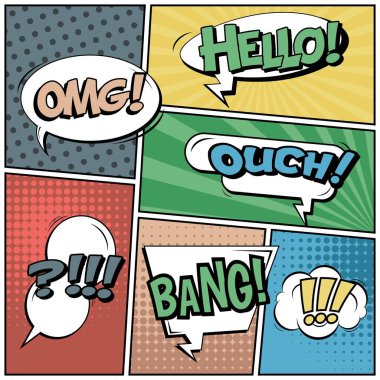 Yaratıcı soyut kavram vektör komik pop sanat tarzı boş, düzeni şablonu bulutlar kiriş ve izole noktalar arka plan ile. Satışı büyük başlığı, boş konuşma balonu ayarı, illüstrasyon noktalı resim kitap tasarımı için.