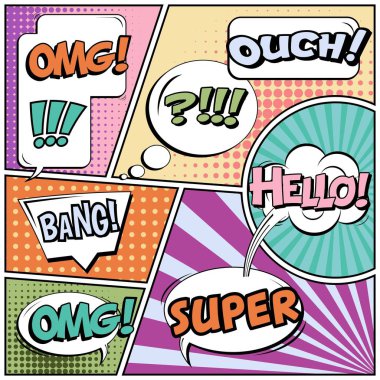 Yaratıcı soyut kavram vektör komik pop sanat tarzı boş, düzeni şablonu bulutlar kiriş ve izole noktalar arka plan ile. Satışı büyük başlığı, boş konuşma balonu ayarı, illüstrasyon noktalı resim kitap tasarımı için.