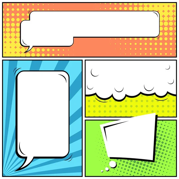 Abstract creative concept vector comic pop art style blank, layout template with clouds beams and isolated dots background. For sale banner, empty speech bubble set, illustration halftone book design. — Stock Vector