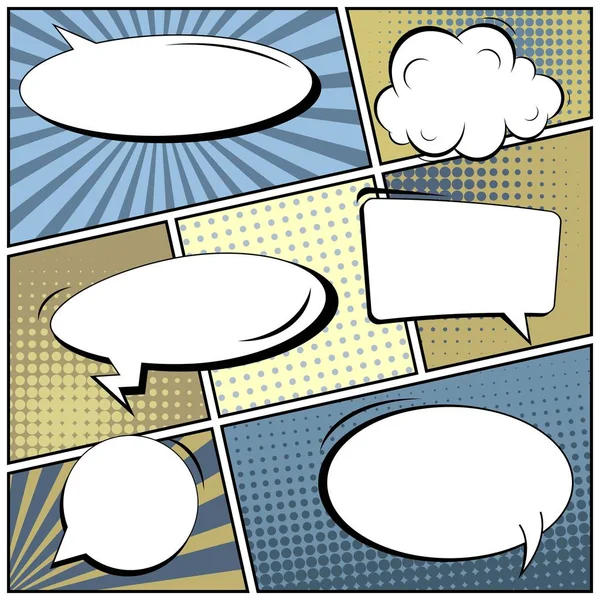 Abstract creative concept vector comic pop art style blank, layout template with clouds beams and isolated dots background. For sale banner, empty speech bubble set, illustration halftone book design. — Stock Vector