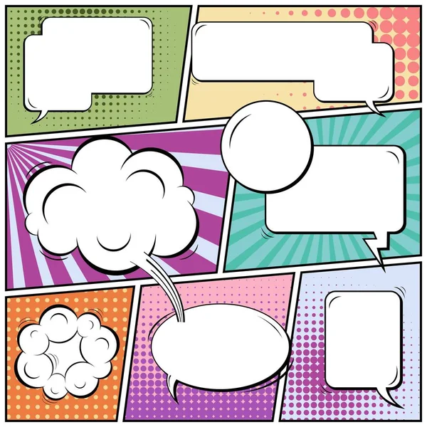 Abstract creative concept vector comic pop art style blank, layout template with clouds beams and isolated dots background. For sale banner, empty speech bubble set, illustration halftone book design. — Stock Vector