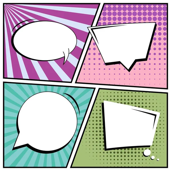 Abstract creative concept vector comic pop art style blank, layout template with clouds beams and isolated dots background. For sale banner, empty speech bubble set, illustration halftone book design. — Stock Vector