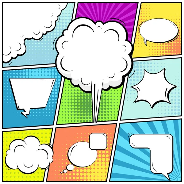 Abstract creative concept vector comic pop art style blank, layout template with clouds beams and isolated dots background. For sale banner, empty speech bubble set, illustration halftone book design. — Stock Vector