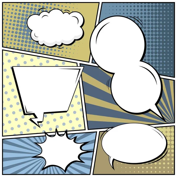 Abstract creative concept vector comic pop art style blank, layout template with clouds beams and isolated dots background. For sale banner, empty speech bubble set, illustration halftone book design. — Stock Vector