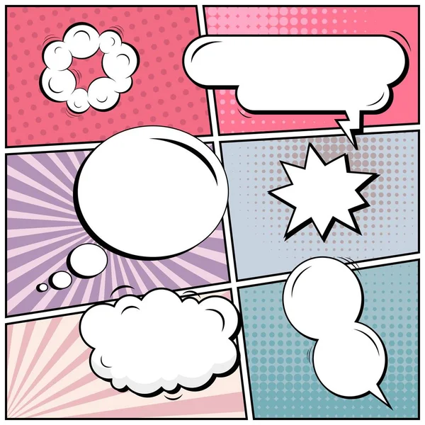 Abstract creative concept vector comic pop art style blank, layout template with clouds beams and isolated dots background. For sale banner, empty speech bubble set, illustration halftone book design. — Stock Vector