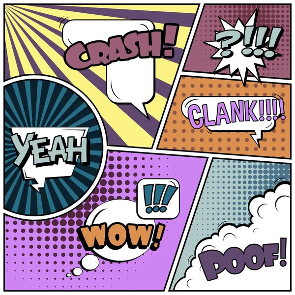 Abstract creative concept vector comic pop art style blank, layout template with clouds beams and isolated dots background. For sale banner, empty speech bubble set, illustration halftone book design. — Stock Vector