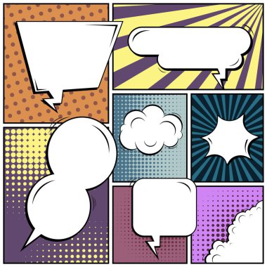Yaratıcı soyut kavram vektör komik pop sanat tarzı boş, düzeni şablonu bulutlar kiriş ve izole noktalar arka plan ile. Satışı büyük başlığı, boş konuşma balonu ayarı, illüstrasyon noktalı resim kitap tasarımı için.
