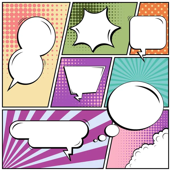 Abstract creative concept vector comic pop art style blank, layout template with clouds beams and isolated dots background. For sale banner, empty speech bubble set, illustration halftone book design. — Stock Vector