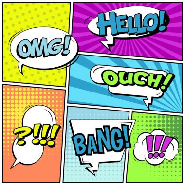 Yaratıcı soyut kavram vektör komik pop sanat tarzı boş, düzeni şablonu bulutlar kiriş ve izole noktalar arka plan ile. Satışı büyük başlığı, boş konuşma balonu ayarı, illüstrasyon noktalı resim kitap tasarımı için.