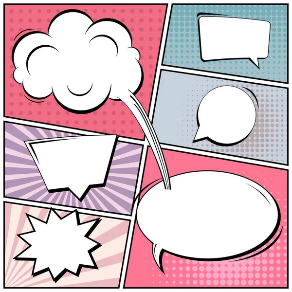 Abstract creative concept vector comic pop art style blank, layout template with clouds beams and isolated dots background. For sale banner, empty speech bubble set, illustration halftone book design. — Stock Vector