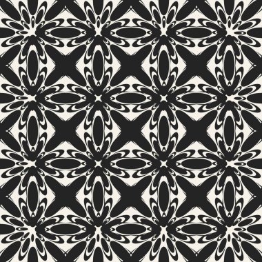 Soyut kavram vektör tek renkli geometrik desen. Siyah ve beyaz en az arka plan. Yaratıcı çizim şablonu. Sorunsuz şık doku. Duvar kağıdı, yüzey, web tasarım, tekstil, dekor için.