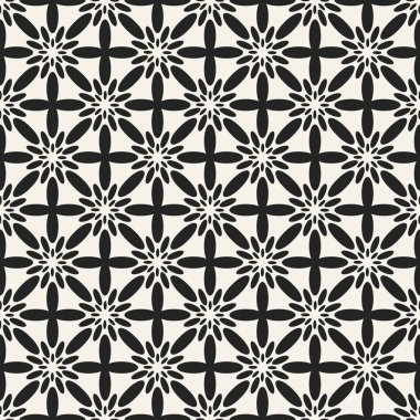 Soyut kavram vektör tek renkli geometrik desen. Siyah ve beyaz en az arka plan. Yaratıcı çizim şablonu. Sorunsuz şık doku. Duvar kağıdı, yüzey, web tasarım, tekstil, dekor için.