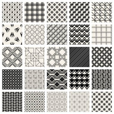 Soyut kavram vektör tek renkli geometrik desen. Siyah ve beyaz en az arka plan. Yaratıcı çizim şablonu. Sorunsuz şık doku. Duvar kağıdı, yüzey, web tasarım, tekstil, dekor için.