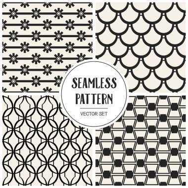 Soyut kavram vektör tek renkli geometrik desen. Siyah ve beyaz en az arka plan. Yaratıcı çizim şablonu. Sorunsuz şık doku. Duvar kağıdı, yüzey, web tasarım, tekstil, dekor için.