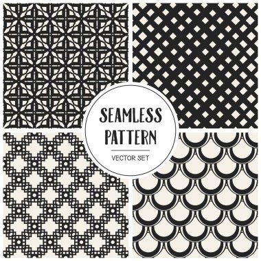 Soyut kavram vektör tek renkli geometrik desen. Siyah ve beyaz en az arka plan. Yaratıcı çizim şablonu. Sorunsuz şık doku. Duvar kağıdı, yüzey, web tasarım, tekstil, dekor için.