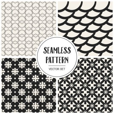 Soyut kavram vektör tek renkli geometrik desen. Siyah ve beyaz en az arka plan. Yaratıcı çizim şablonu. Sorunsuz şık doku. Duvar kağıdı, yüzey, web tasarım, tekstil, dekor için.