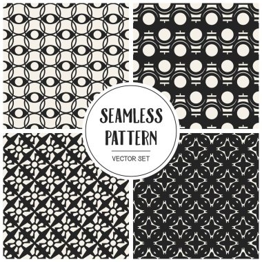 Soyut kavram vektör tek renkli geometrik desen. Siyah ve beyaz en az arka plan. Yaratıcı çizim şablonu. Sorunsuz şık doku. Duvar kağıdı, yüzey, web tasarım, tekstil, dekor için.