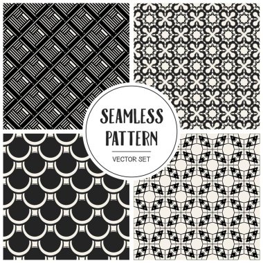 Soyut kavram vektör tek renkli geometrik desen. Siyah ve beyaz en az arka plan. Yaratıcı çizim şablonu. Sorunsuz şık doku. Duvar kağıdı, yüzey, web tasarım, tekstil, dekor için.