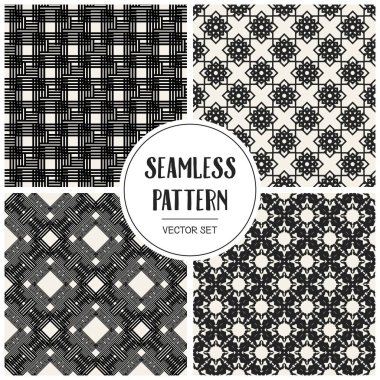 Soyut kavram vektör tek renkli geometrik desen. Siyah ve beyaz en az arka plan. Yaratıcı çizim şablonu. Sorunsuz şık doku. Duvar kağıdı, yüzey, web tasarım, tekstil, dekor için.