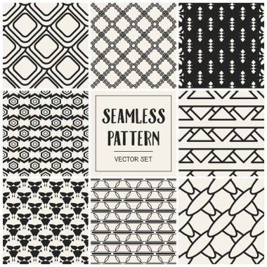 Soyut kavram vektör tek renkli geometrik desen. Siyah ve beyaz en az arka plan. Yaratıcı çizim şablonu. Sorunsuz şık doku. Duvar kağıdı, yüzey, web tasarım, tekstil, dekor için.