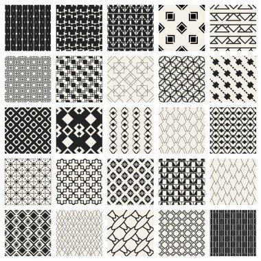 Soyut kavram vektör tek renkli geometrik desen. Siyah ve beyaz en az arka plan. Yaratıcı çizim şablonu. Sorunsuz şık doku. Duvar kağıdı, yüzey, web tasarım, tekstil, dekor için.