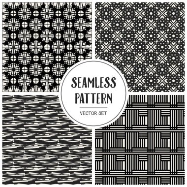 Soyut kavram vektör tek renkli geometrik desen. Siyah ve beyaz en az arka plan. Yaratıcı çizim şablonu. Sorunsuz şık doku. Duvar kağıdı, yüzey, web tasarım, tekstil, dekor için.