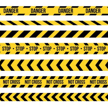 Creative vector illustration of black and yellow police stripe border. Set of danger caution seamless tapes. Art design line of crime places. Abstract concept graphic element. Construction sign. clipart
