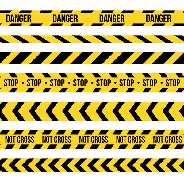 Creative vector illustration of black and yellow police stripe border. Set of danger caution seamless tapes. Art design line of crime places. Abstract concept graphic element. Construction sign.