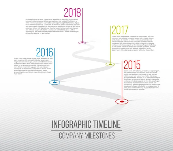 Illustrazione creativa vettoriale della linea temporale delle tappe aziendali. Modello con puntatori. Design curvo della linea stradale con segnaposto informativo. Elemento grafico astratto del concetto. Grafico storico . — Vettoriale Stock