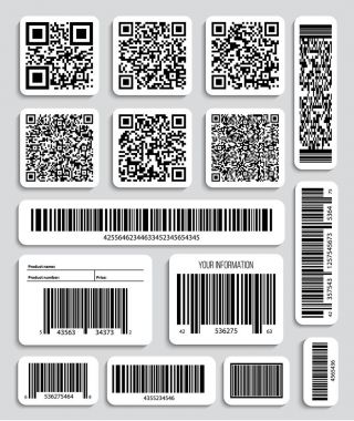 Qr kodları, ambalaj etiket, barkod etiketleri üzerinde yaratıcı vektör Illustration. Kimlik ürün tarama verisini dükkanda. Sanat tasarım. Soyut kavram grafik öğesi