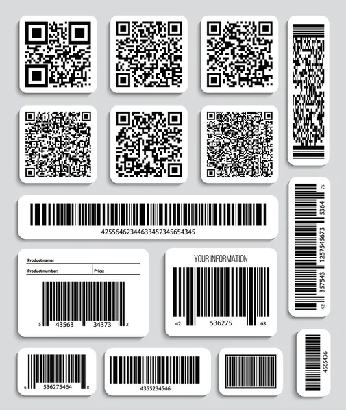Ilustración vectorial creativa de códigos QR, etiquetas de embalaje, código de barras en pegatinas. Datos de escaneo de productos de identificación en la tienda. Diseño de arte. Concepto abstracto elemento gráfico — Archivo Imágenes Vectoriales